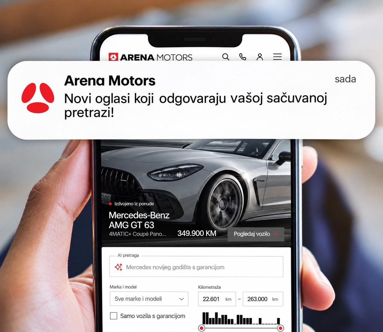 Arena Motors aplikacija na telefonu s obavijesti o novim oglasima