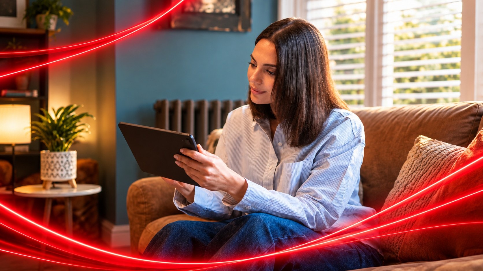 Žena na kauču procjenjuje vrijednost svog vozila na tabletu