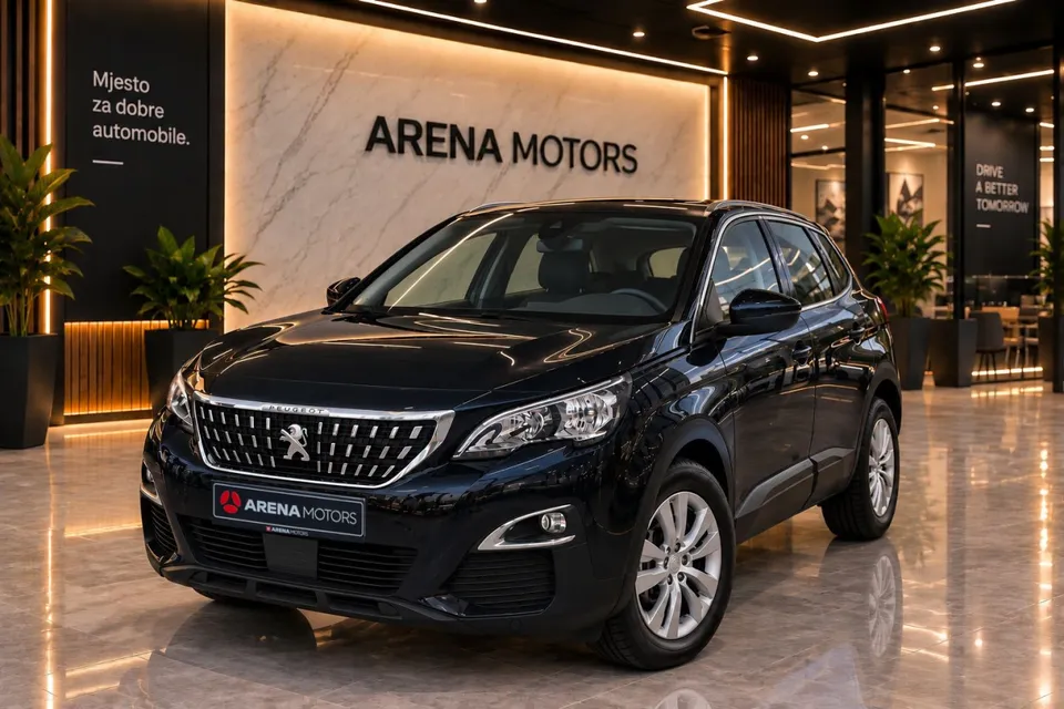 Peugeot 3008 sprijeda lijevo, tamna boja, u izložbenom prostoru salona