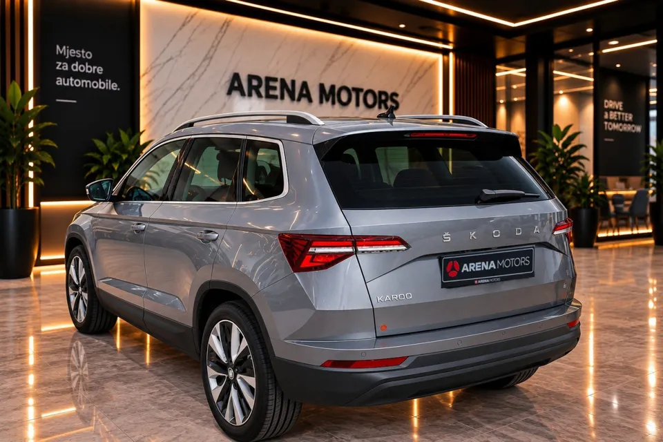 Siva Škoda Karoq snimljena odostraga i sa strane, vidi se oznaka modela na zadnjem poklopcu