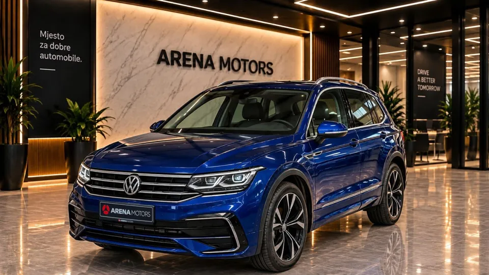Plavi Volkswagen Tiguan R-line, pogled sprijeda i sa strane, u izložbenom prostoru salona