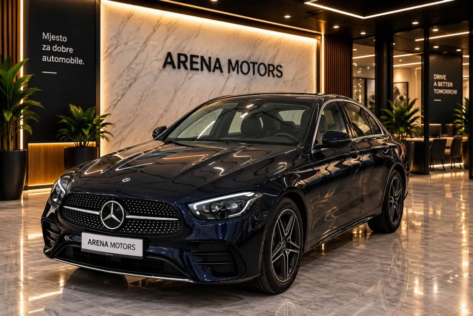 Mercedes-Benz E 220 d, tamnoplava limuzina, prednji tri četvrtine pogled u salonu