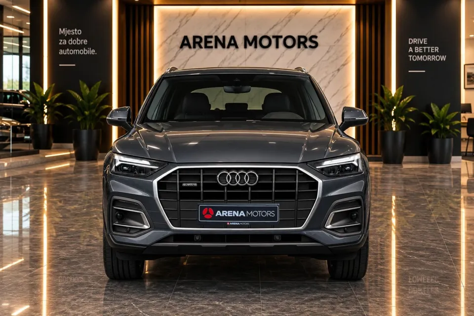 Audi Q5 u sivoj boji, pogled sprijeda na masku s quattro oznakom i LED farove