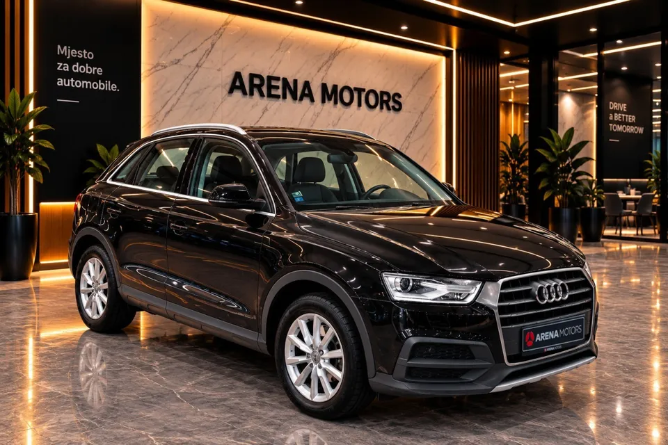 Crni Audi Q3, prednji desni ugao, alu felge i prednji farovi