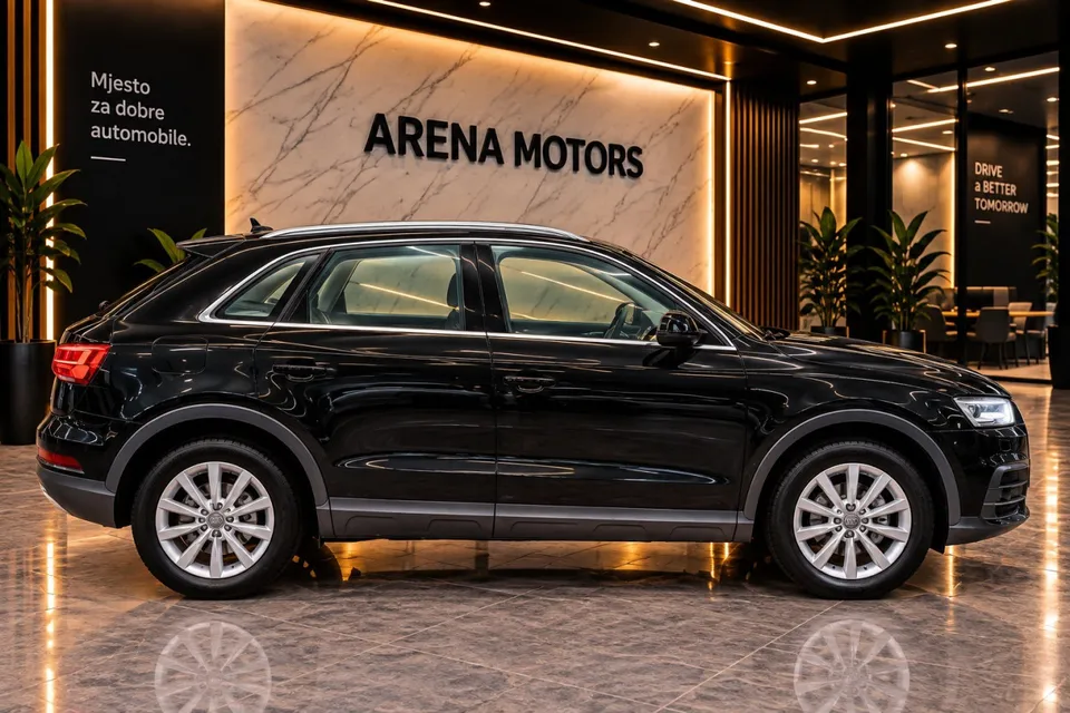 Audi Q3 crne boje, desni bok s alu felgama