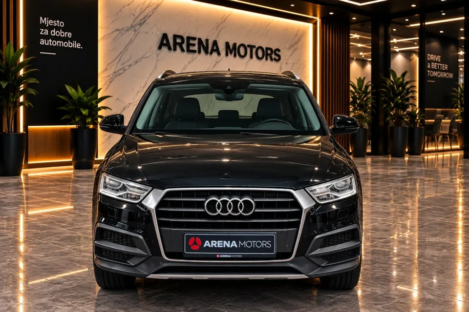 Crni Audi Q3 snimljen sprijeda, vidi se maska s logom i farovi