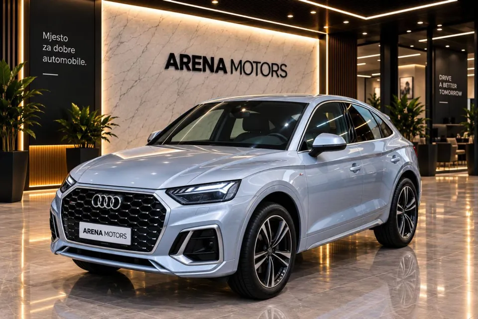 Audi Q5 Sportback sive boje, prednji lijevi ugao, u izlogu salona