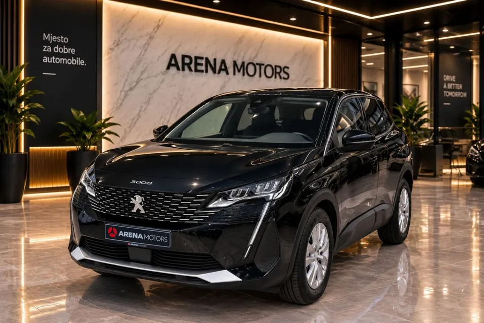 Crni Peugeot 3008, prednji lijevi ugao, u izložbenom prostoru salona
