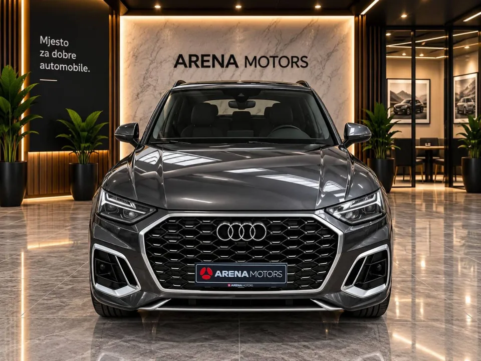 Audi Q5 Sportback, prednja strana s rešetkom hladnjaka i LED farovima, siva boja