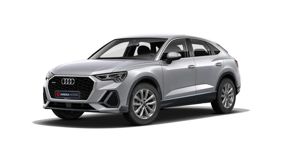 Audi Q3 Sportback, siva metalik, pogled sprijeda i sa strane na 18" alu felgama