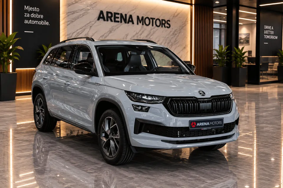 Siva Škoda Kodiaq, prednji bočni pogled s desne strane, 19" aluminijske felge i krovni nosači