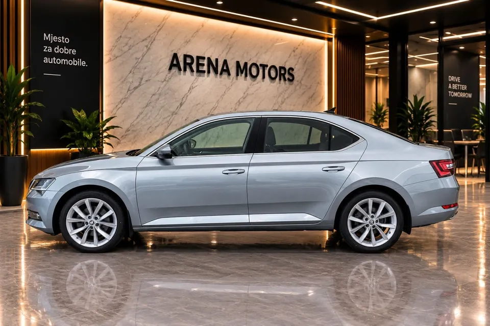 Siva Škoda Superb, bočni profil limuzine s aluminijskim felgama od 18 inča