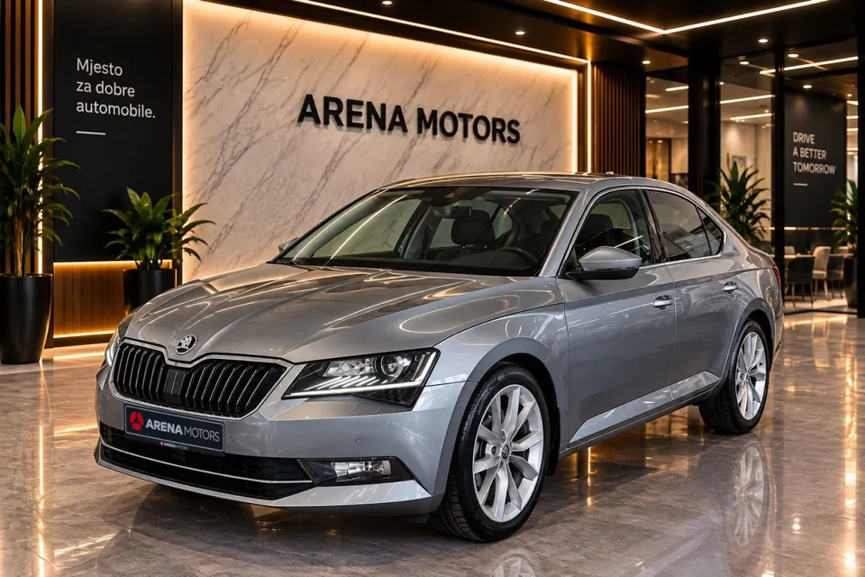 Siva Škoda Superb, prednji dio i lijeva strana, u izložbenom prostoru salona
