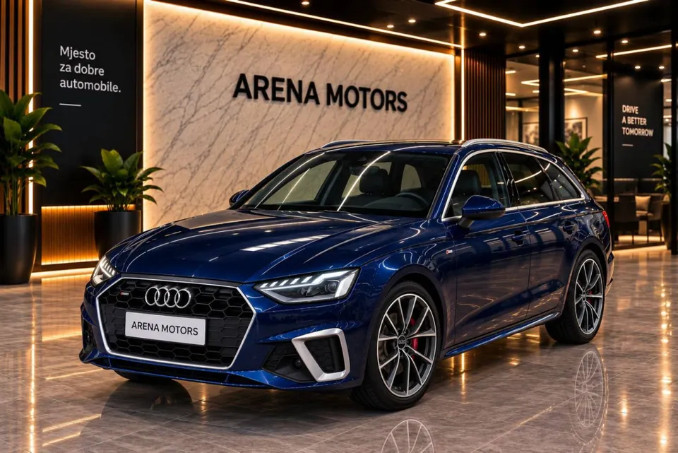 Audi A4 Avant plave boje, pogled sprijeda sa strane, u izložbenom prostoru salona