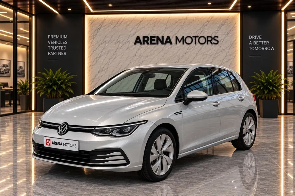 Siva Volkswagen Golf 8 snimljen sprijeda s lijeve strane u salonu