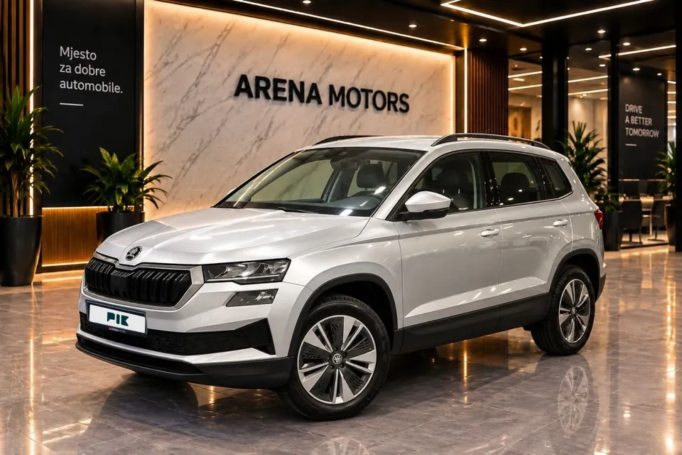 Siva Škoda Karoq, prednji lijevi ugao, u izložbenom prostoru salona