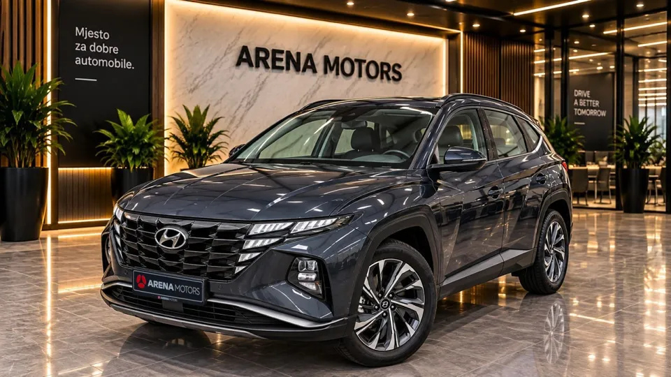 Siva Hyundai Tucson, prednji lijevi ugao, u izlogu salona