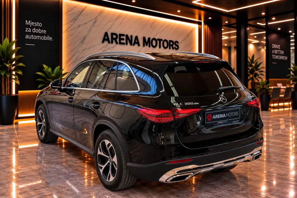 Crni Mercedes-Benz GLC 300 de, zadnji lijevi ugao s oznakom GLC 300 de