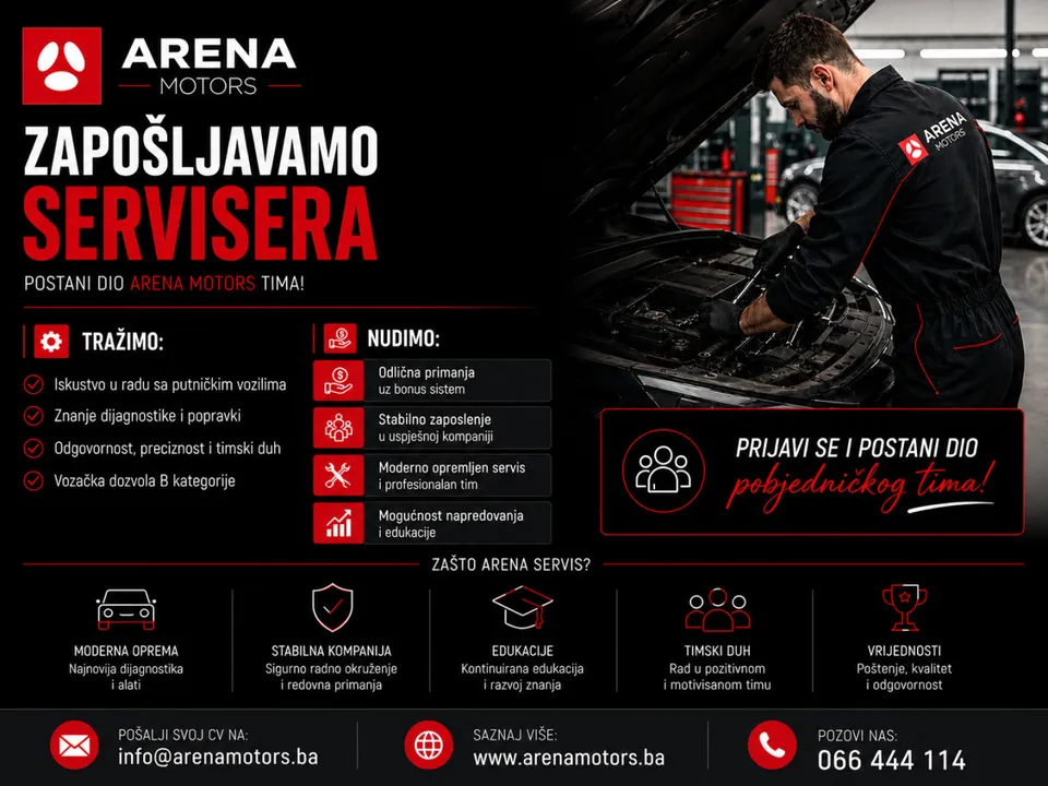 Reklamni plakat salona o zapošljavanju servisera, serviser radi ispod otvorene haube