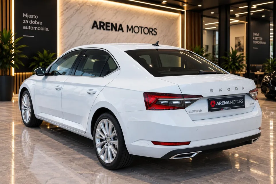 Škoda Superb, bijela, pogled sa zadnje lijeve strane