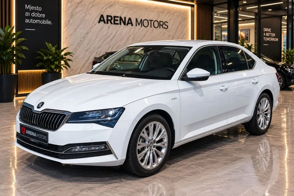 Škoda Superb bijele boje, prednji lijevi ugao, u salonu