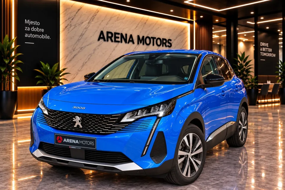 Plavi Peugeot 3008 snimljen sprijeda i sa strane u izložbenom prostoru salona