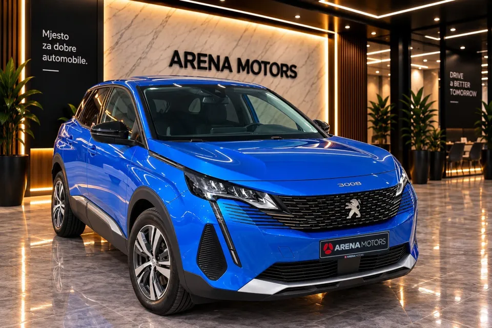 Plavi Peugeot 3008, prednji lijevi ugao s LED farovima i prednjom maskom