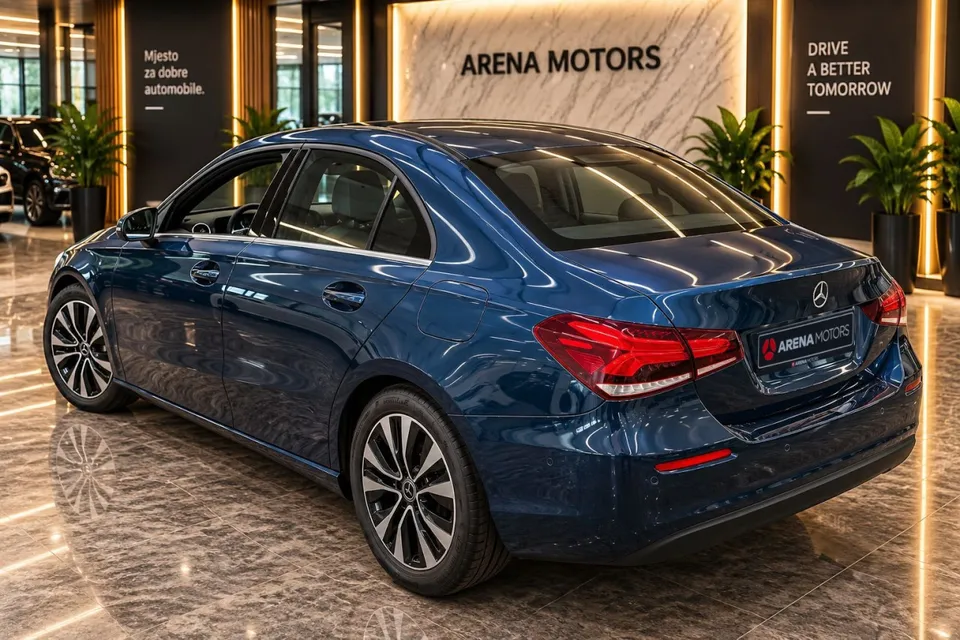 Plavi Mercedes-Benz A 200 d, zadnji lijevi ugao s LED štopkama i bočnom stranom