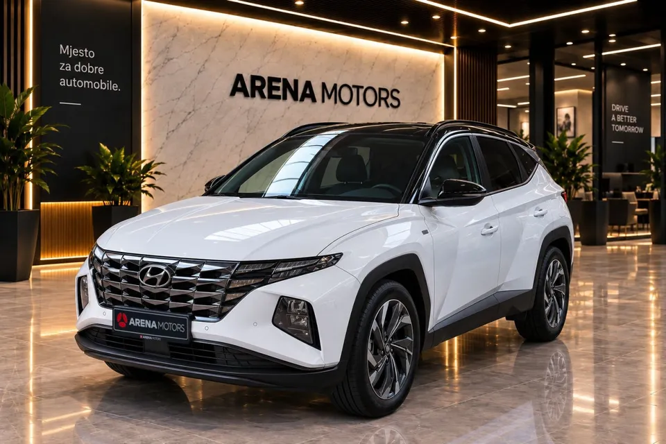 Bijeli Hyundai Tucson, prednji lijevi ugao, u izložbenom prostoru salona