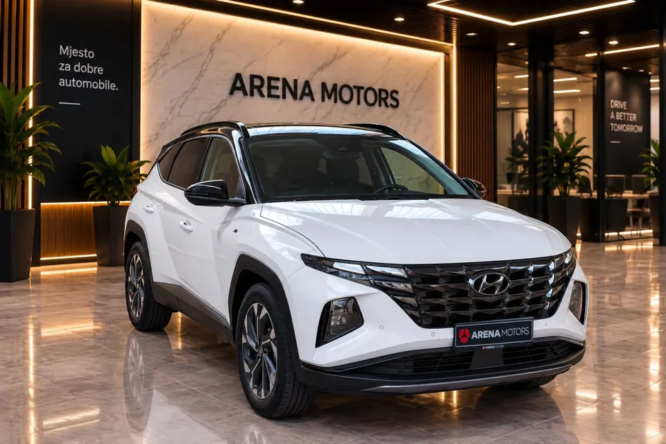 Bijeli Hyundai Tucson, prednji desni ugao, s prednjom maskom i LED farovima