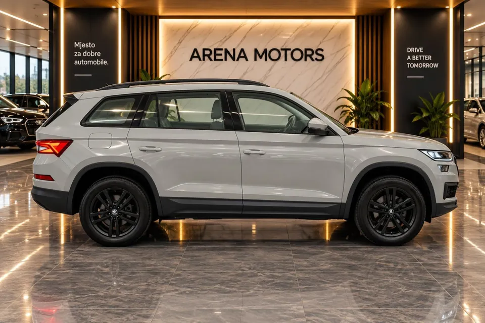 Škoda Kodiaq, bočni profil vozila s crnim aluminijskim felgama i krovnim nosačima