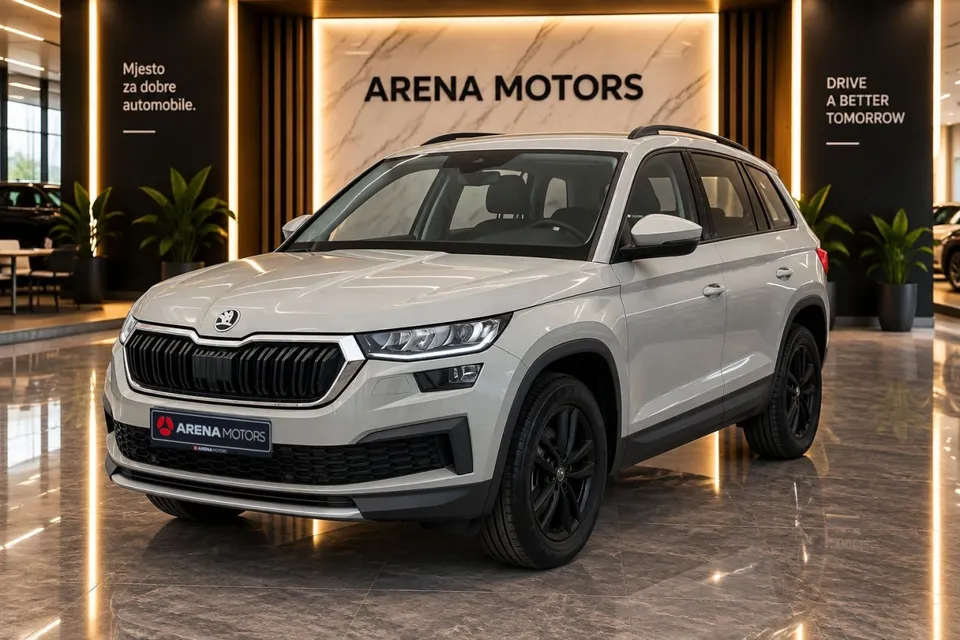 Škoda Kodiaq siva, prednja i bočna strana vozila u izložbenom prostoru salona