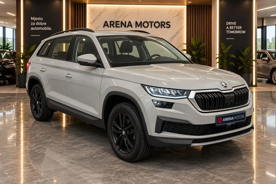 Škoda Kodiaq, pogled sprijeda sa desne strane, LED farovi i crna maska hladnjaka
