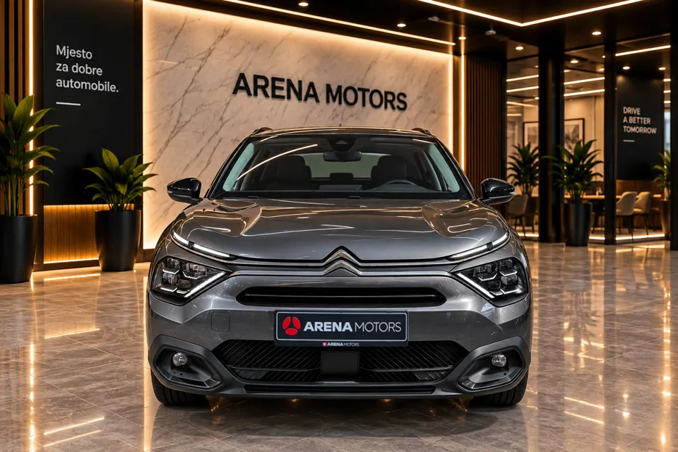 Citroen C4 sive boje snimljen sprijeda, vidi se maska s logom, LED svjetla i vjetrobran