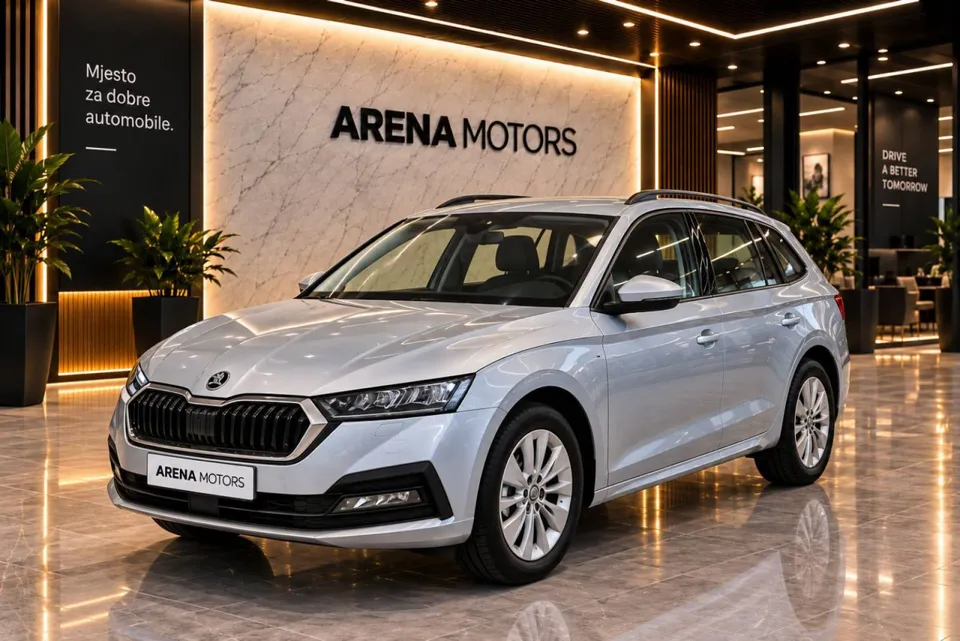 Siva Škoda Octavia Karavan, pogled sprijeda sa strane, u izlogu salona