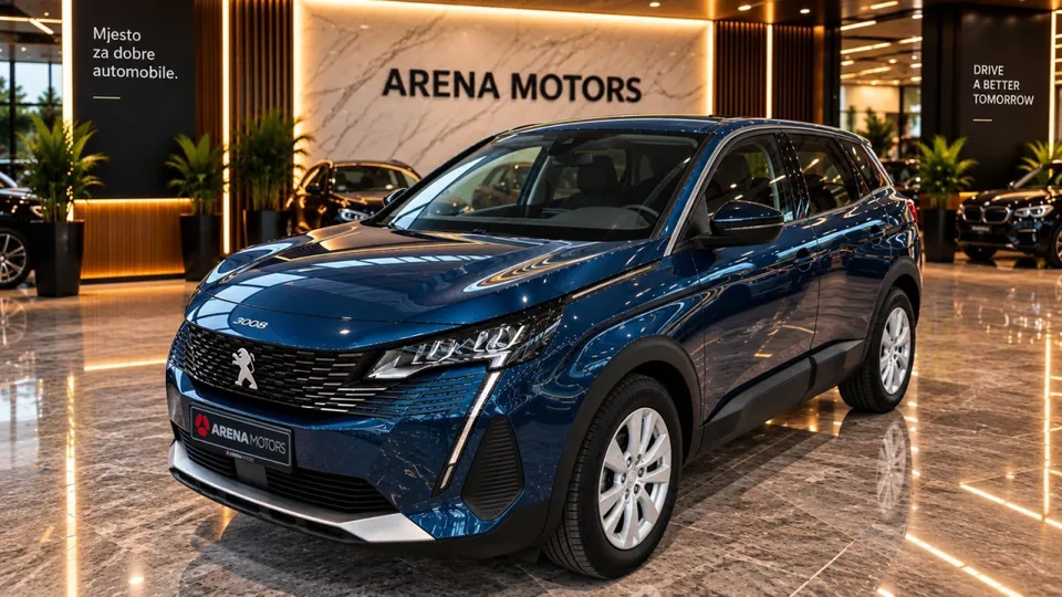 Plavi Peugeot 3008, prednji lijevi ugao, u izložbenom prostoru salona Arena Motors
