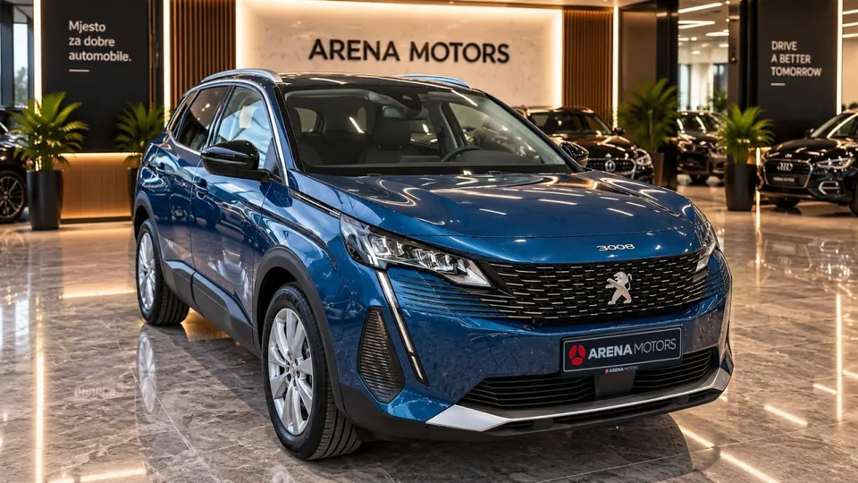 Plavi Peugeot 3008, prednji desni ugao, LED farovi i prednja maska