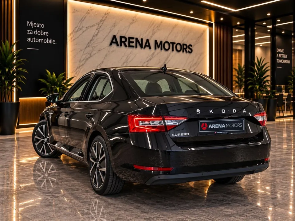 Crna Škoda Superb, pogled sa zadnje lijeve strane, zadnja svjetla i alu felge