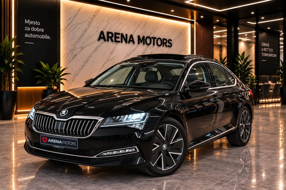 Crna Škoda Superb limuzina, prednji lijevi ugao, u izložbenom prostoru salona