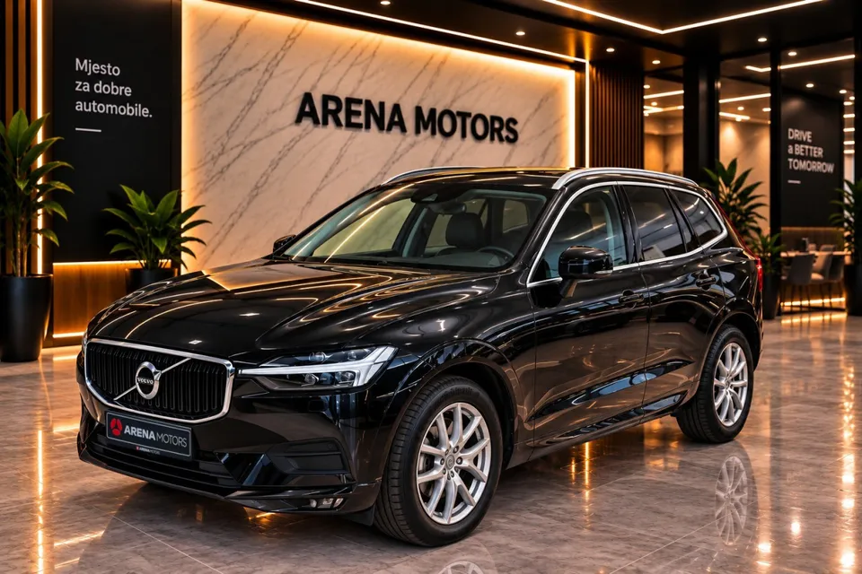 Crni Volvo XC60, pogled sprijeda sa strane, u izložbenom prostoru salona