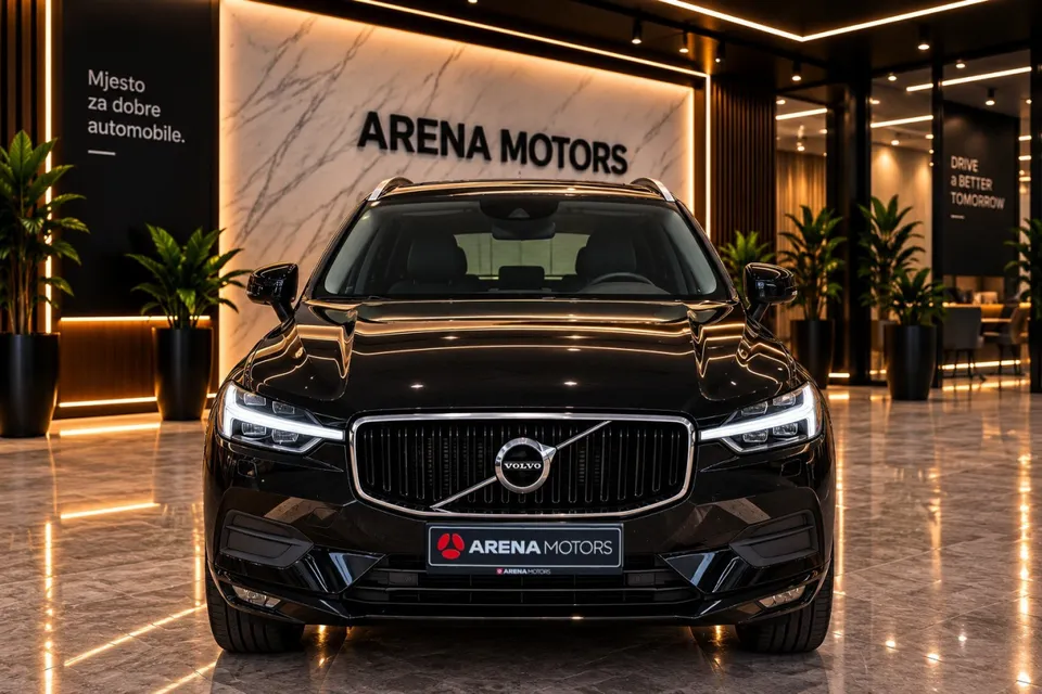 Crni Volvo XC60, prednja strana s rešetkom i LED svjetlima