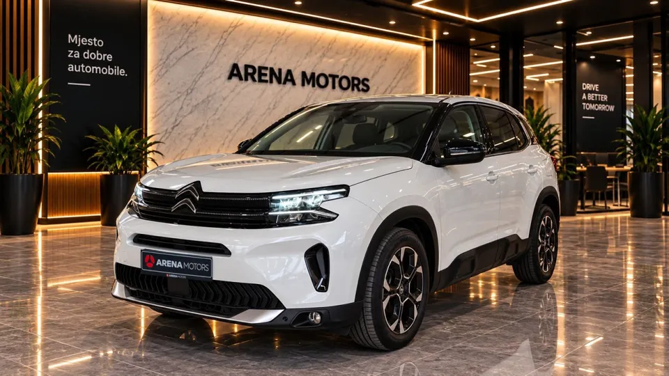 Citroen C5 Aircross, bijeli SUV, pogled sprijeda i sa strane u salonu